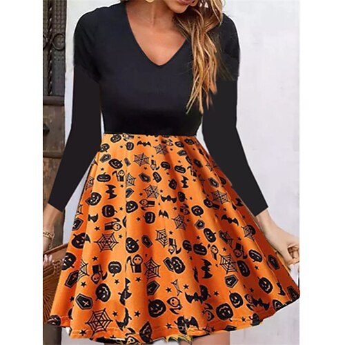 

Women's Orange Long Sleeve Color Block Patchwork Winter Fall Autumn V Neck Fashion Winter Dress Fall Dress 2022 S M L XL