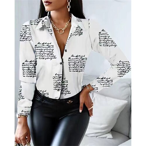 

Women's Shirt Blouse Black White Letter Print Long Sleeve Work Casual Elegant Shirt Collar S