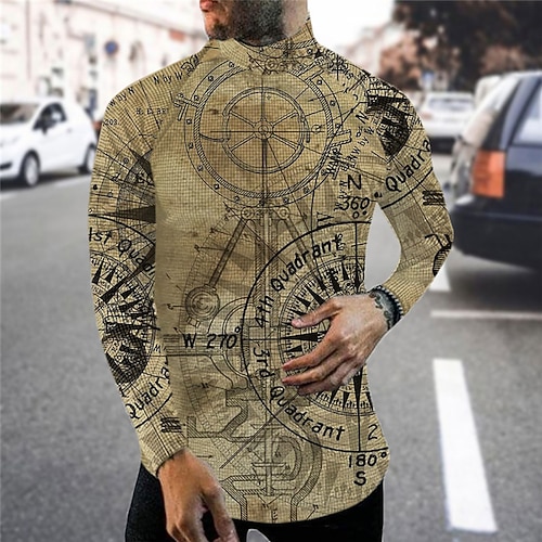 

Men's T shirt Tee Graphic Compass Turtleneck Khaki 3D Print Outdoor Street Long Sleeve Print Clothing Apparel Basic Streetwear Designer Comfortable