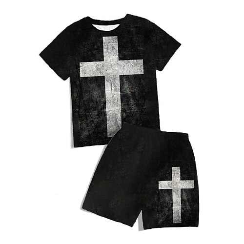 

2 Pieces Kids Boys T-shirt Shorts Clothing Set Outfit Cross Short Sleeve Crewneck Set Outdoor Vintage Cool Comfort Spring Summer 3-13 Years Black