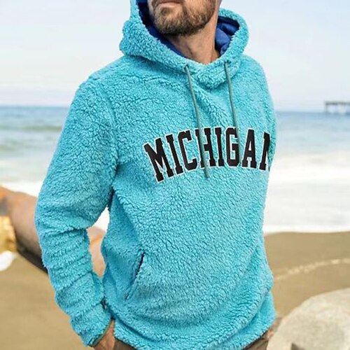 

Men's Fuzzy Sherpa Pullover Hoodie Sweatshirt Blue Hooded Graphic Letter Print Sports & Outdoor Streetwear Casual Big and Tall Winter Fall Clothing Apparel Hoodies Sweatshirts Long Sleeve / Spring