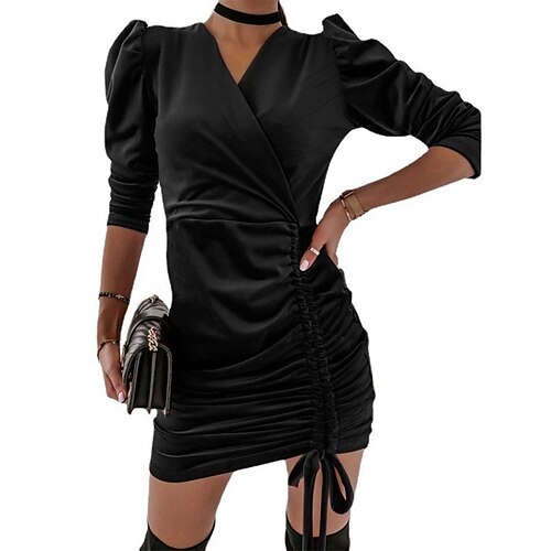 

Women's Party Dress Bodycon Sheath Dress Green Black Wine Long Sleeve Pure Color Ruched Winter Fall Autumn V Neck Party Winter Dress Wedding Guest 2022 S M L XL 2XL