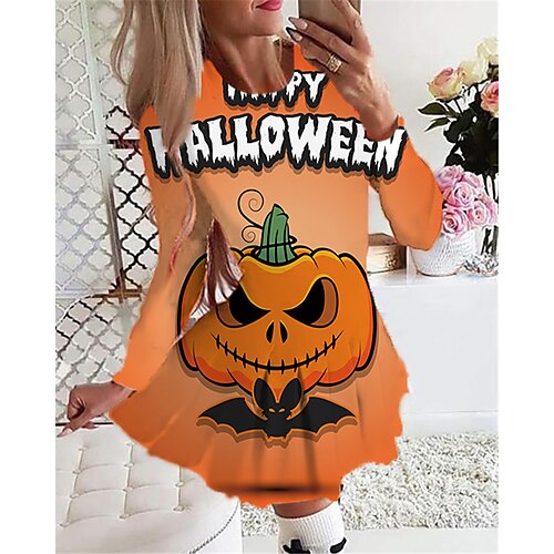 

Women's Casual Dress Swing Dress Short Mini Dress Yellow Orange Black Long Sleeve Letter Pumpkin Print Fall Winter Round Neck Vacation Casual Halloween 2022 S M L XL 2XL 3XL 4XL 5XL 6XL