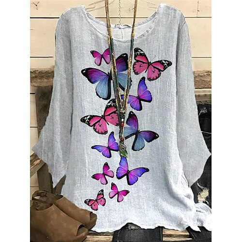 

Women's Plus Size Tops Blouse Shirt Animal Butterfly Print Long Sleeve Crewneck Vintage Casual Daily Vacation Polyester Fall Winter White Black