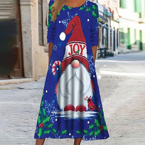 

Women's Christmas Casual Dress Swing Dress Midi Dress Blue Wine White Long Sleeve Santa Claus Elk Snowflake Pocket Print Fall Winter Round Neck Vacation Casual 2022 S M L XL XXL 3XL