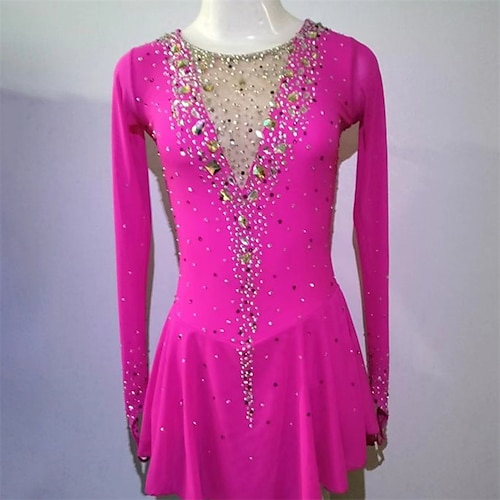 

Figure Skating Dress Women's Girls' Ice Skating Dress Rose Red Thumbhole Spandex High Elasticity Training Competition Skating Wear Handmade Crystal / Rhinestone Long Sleeve Ice Skating Figure Skating