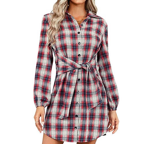 

Women's Casual Dress Shirt Dress Shift Dress Blue Orange Red Long Sleeve Plaid Print Winter Fall Autumn Shirt Collar Fashion Winter Dress Fall Dress Loose Fit 2022 S M L XL