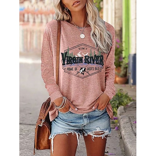 

Women's T shirt Tee Green Blue Pink Letter Print Long Sleeve Halloween Casual Basic Round Neck Long Loose Fit S