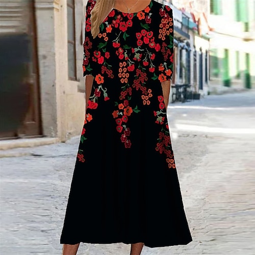 

Women's Casual Dress Swing Dress Midi Dress Midi Dress Green Fuchsia Red Long Sleeve Floral Pocket Winter Fall Autumn Round Neck Vacation Winter Dress Fall Dress 2022 S M L XL XXL 3XL