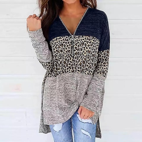 

2021 European And American Autumn And Winter New Wish Amazon Women's Top Loose V-Neck Zipper Leopard Print Long-Sleeved T-Shirt Women