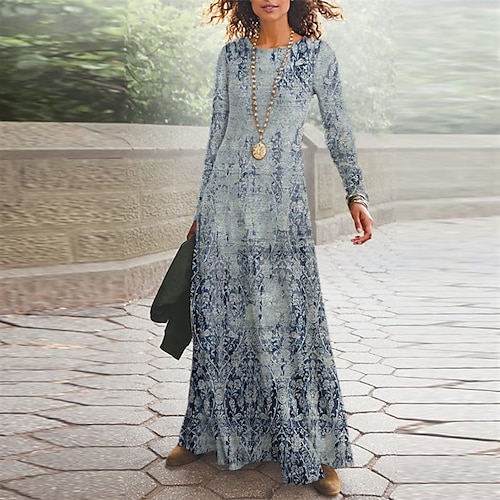 

Women's Casual Dress Swing Dress Long Dress Maxi Dress Blue Red Long Sleeve Floral Pocket Winter Fall V Neck Winter Dress Fall Dress 2022 S M L XL XXL 3XL