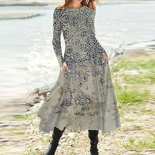 

Women's Casual Dress Swing Dress Midi Dress Blue Long Sleeve Floral Pocket Winter Fall Autumn Winter Dress Fall Dress 2022 S M L XL XXL 3XL