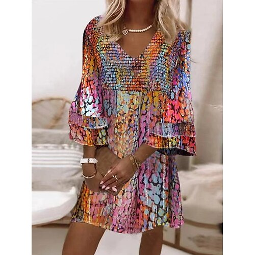 

Women's Shift Dress Short Mini Dress Rainbow Long Sleeve Color Gradient Print Fall Winter V Neck Stylish Modern 2022 S M L XL 2XL 3XL
