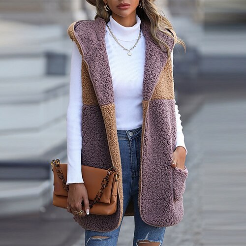 

Women's Sherpa jacket Windproof Warm Outdoor Street Daily Vacation Pocket Cardigan Hoodie Chic & Modern Street Style Color Block Regular Fit Outerwear Sleeveless Winter Fall Purple S M L XL