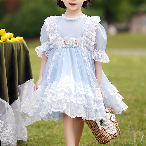 

Kids Girls' New Year Dress Solid Colored Tulle Dress Knee-length Dress Christening dress Lace Trims Short Sleeve Cute Dress 3-10 Years Summer Blue