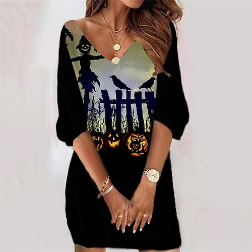 

Women's Shift Dress Sweat Dress Short Mini Dress Blue Yellow 3/4 Length Sleeve Letter Pumpkin Print Fall Winter V Neck Vacation Casual 2022 S M L XL XXL 3XL