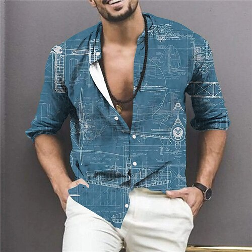 

Men's Shirt Graphic Shirt Machine Stand Collar Blue 3D Print Outdoor Street Long Sleeve Button-Down Print Clothing Apparel Fashion Designer Casual Breathable