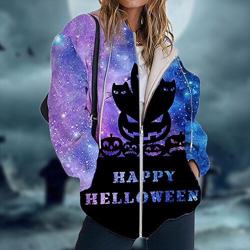 

Women's Hoodie Jacket Warm Breathable Outdoor Halloween Daily Wear Going out Zipper Pocket Print Zipper Hoodie Vintage Sports Comfortable Street Style Cat Regular Fit Outerwear Long Sleeve Winter Fall