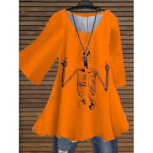 

Women's Plus Size Tops Blouse Shirt Skull Pumpkin Print 3/4 Length Sleeve Crewneck Casual Halloween Halloween Daily Cotton Spandex Jersey Fall Winter Purple Orange