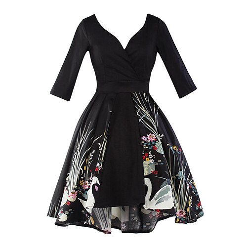 

Women's Swing Dress Vintage Dress Knee Length Dress Black 3/4 Length Sleeve Print Ruched Print Fall Winter Deep V Vintage Elegant 2022 S M L XL / Cotton