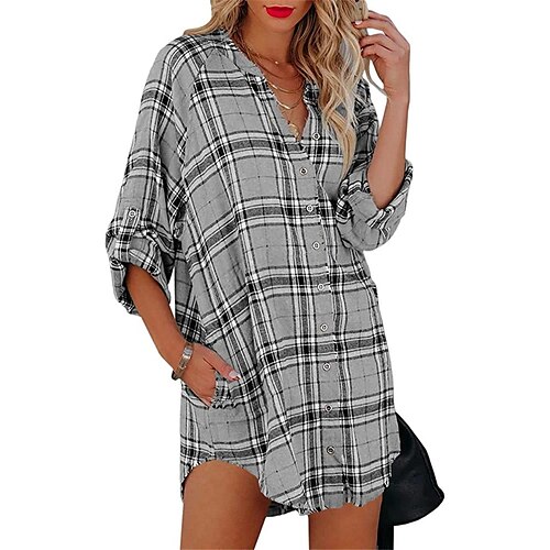 

2021 Autumn And Winter Cross-Border Amazon Wist European And American Women's New Shirt Plaid Printing V-Neck Long-Sleeved Top Women