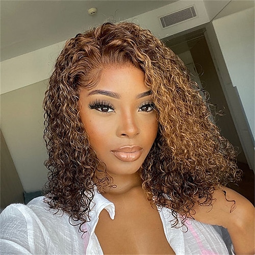 

Glueless lace Wig Mix Color Brown Curly Bob Wig Compact 13X4 Frontal Lace Wig