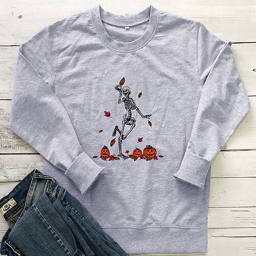 

Women's Plus Size Tops Pullover Sweatshirt Hoodie Sweatshirt Leaf Skull Print Long Sleeve Crewneck Casual Halloween Halloween Spirit Halloween Cotton Fall Winter White Gray