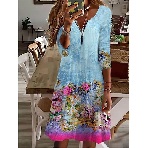 

Women's Casual Dress Shift Dress Knee Length Dress Blue Long Sleeve Floral Zipper Print Fall Winter V Neck Vacation Casual 2022 S M L XL 2XL 3XL 4XL 5XL 6XL