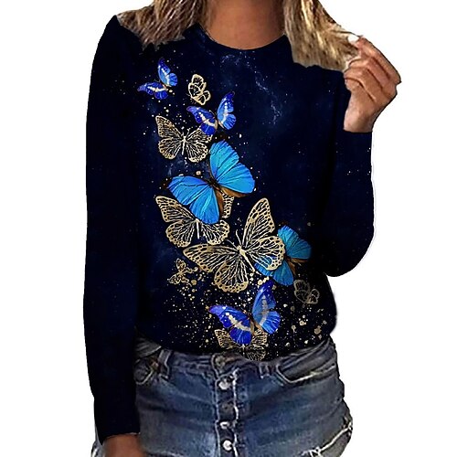 

Women's T shirt Tee Green Pink Navy Blue Gradient Print Long Sleeve Casual Weekend Basic Round Neck Regular Butterfly Painting S