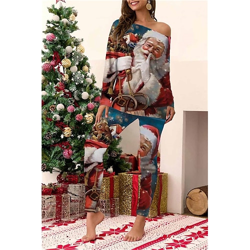 

Women's ChristmasPjs Pajamas Sets 2 Pieces Santa Claus Elk Comfort Soft Home Bed Cotton Spandex Jersey Long Sleeve T shirt Tee Pant Elastic Waist Winter Fall Blue White