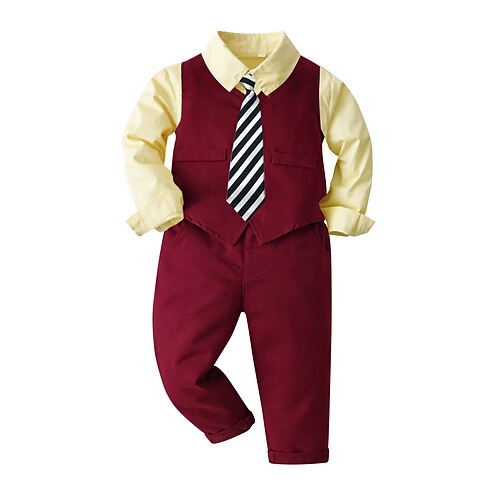 

3 Pieces Kids Boys Shirt & Pants PantsSet Clothing Set Outfit Plaid Long Sleeve Cotton Set Formal Gentle Fall Spring 2-6 Years Blue Yellow