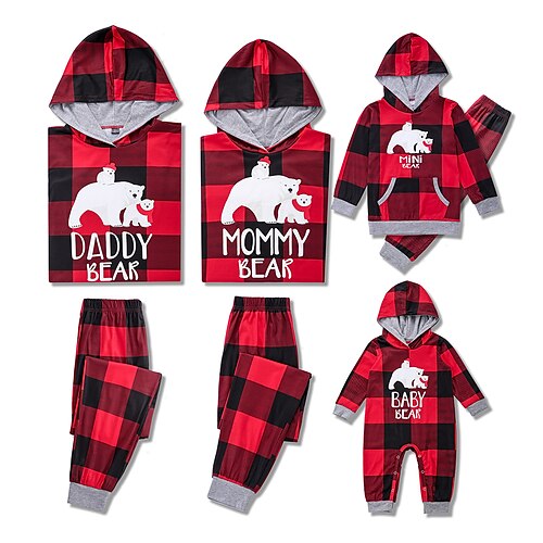 

Family Look Christmas Pajamas Plaid Bear Home Red Long Sleeve Daily Matching Outfits