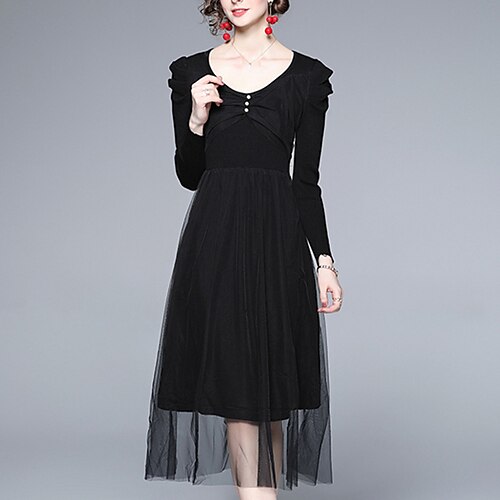 

Women's Party Dress Sheath Dress Black Dress Midi Dress Black Beige Long Sleeve Pure Color Ruched Winter Fall Autumn Crew Neck Fashion Party Winter Dress Weekend Slim 2022 S M L XL