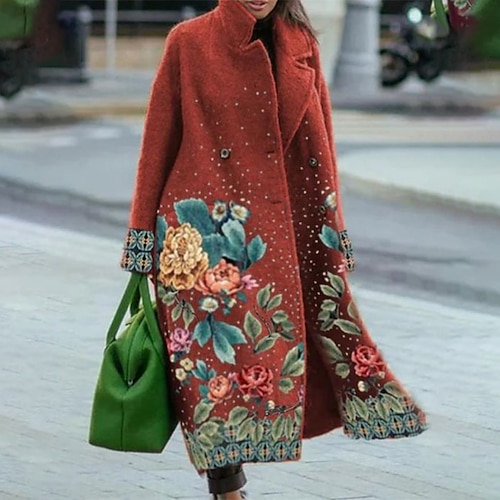 

Women's Plus Size Coat Button Pocket Floral Holiday Date Long Sleeve Shirt Collar Long Fall Winter Green Gray Red L XL XXL 3XL