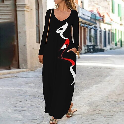 

Women's Casual Dress T Shirt Dress Tee Dress Shift Dress Long Dress Maxi Dress Black And White Black White Long Sleeve Print Winter Fall Autumn V Neck Fashion Winter Dress Weekend Fall Dress Loose Fit