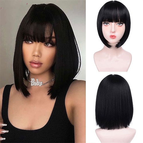 

Synthetic Short Wigs with Bangs Straight Bob Wigs for Women Pink Red Black Lolita Cosplay Wigs Natural Hair Heat Resistant Wig