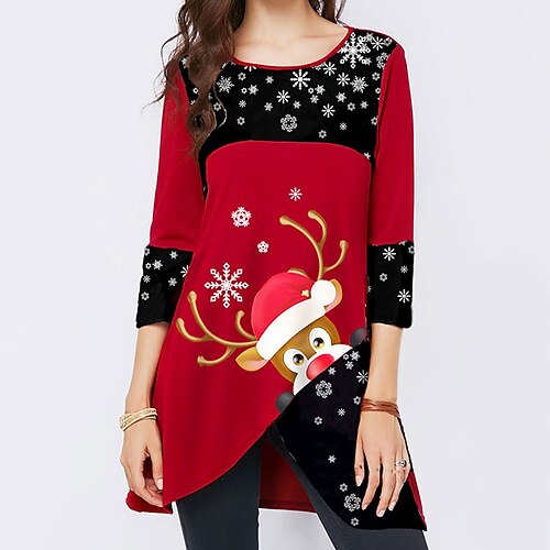 

Women's T shirt Tee Green Blue Purple Snowflake Reindeer Flowing tunic Print 3/4 Length Sleeve Christmas Christmas Round Neck Regular S