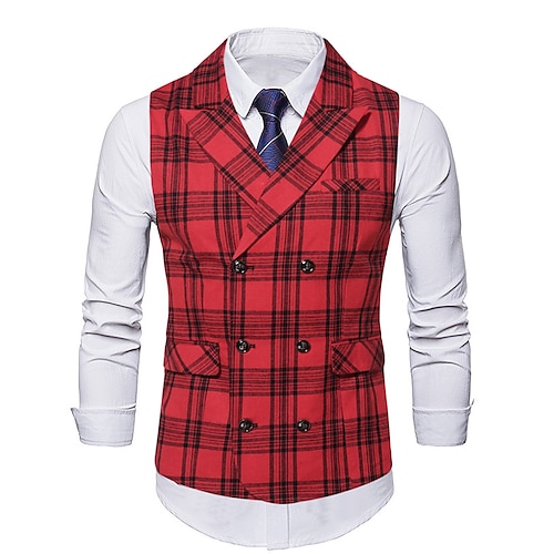 

Men's Casual Vest Plaid Regular Fit Peak Double Breasted Six-buttons Red 2022