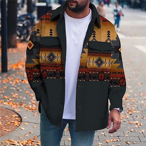 

Men's Coat With Pockets Daily Wear Vacation Going out Single Breasted Turndown Streetwear Sport Casual Jacket Outerwear Geometry Front Pocket Print Yellow / Long Sleeve