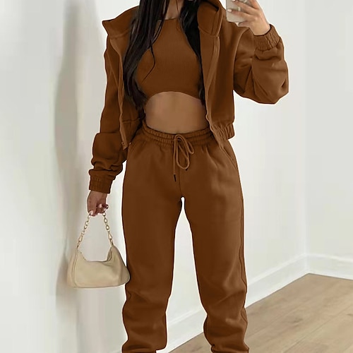 

Women's Plus Size Loungewear Sets Winter Nighty 3 Pieces Pure Color Sport Comfort Home Daily Gyms Cotton Warm Hoodie Long Sleeve Pant Button Pocket Hoodie Winter Fall Pink Khaki