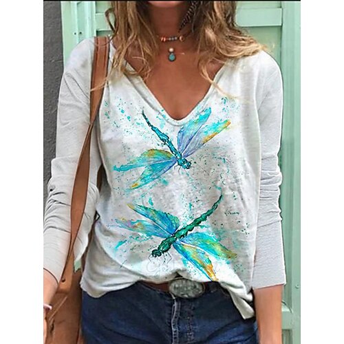 

Women's T shirt Tee Green Pink Yellow Floral Butterfly Print Long Sleeve Holiday Weekend Basic V Neck Regular Cotton Floral Butterfly Painting S / 3D Print