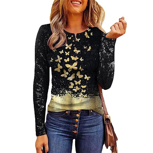 

European And American Women's Sequin Stitching Tops Butterfly Print Round Neck Button Long-Sleeved T-Shirts Spring And Summer New Women's Clothing
