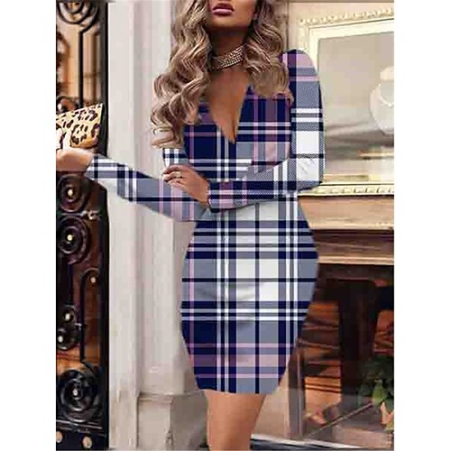 

Women's Bodycon Sheath Dress Short Mini Dress Black Purple Long Sleeve Plaid Print Fall Winter V Neck Elegant Fashion Modern 2022 XS S M L XL 2XL 3XL 4XL 5XL 6XL / 3D Print