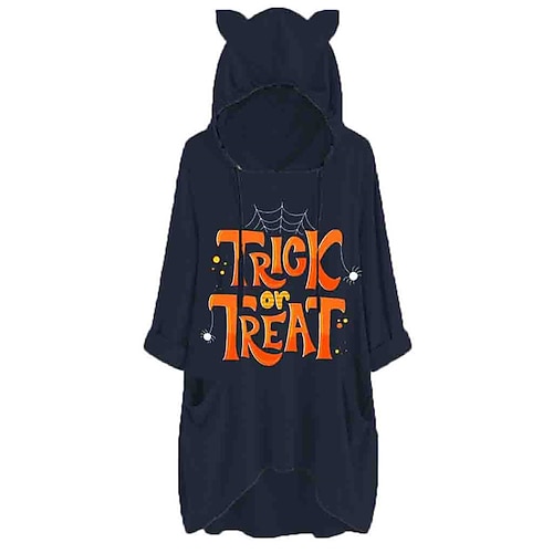 

Women's Hoodie Dress Shift Dress Short Mini Dress Halloween Navy Blue Long Sleeve Bat Letter Pocket Print Fall Winter Hooded Casual Vintage Loose 2022 S M L XL XXL 3XL