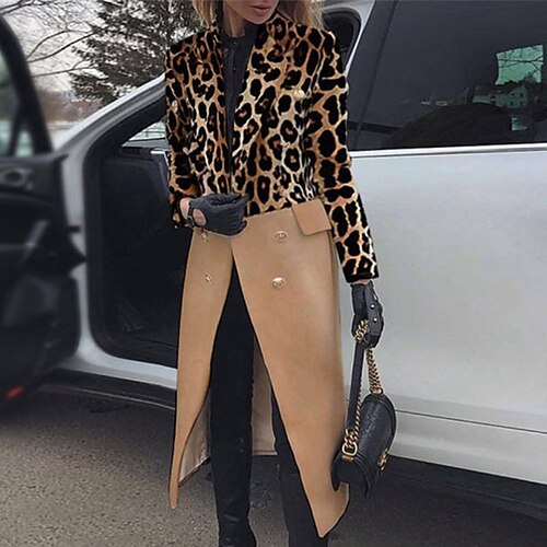 

Women's Winter Coat Windproof Warm Street Wear to work Going out Full Zip Print Double Breasted Turndown Fashion Elegant Modern Street Style Leopard Regular Fit Outerwear Long Sleeve Winter Fall Khaki