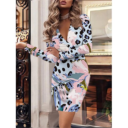 

Women's Bodycon Sheath Dress Blue Red Long Sleeve Leopard Print Winter Fall Autumn V Neck Fashion Winter Dress Fall Dress Slim 2022 XS S M L XL 2XL 3XL 4XL 5XL 6XL