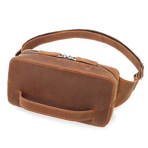 

Men's Fanny Pack Sling Shoulder Bag Nappa Leather Cowhide Zipper Solid Color Vintage Daily Coffee