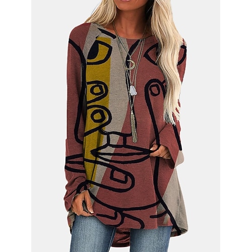 

Women's T shirt Tee Red Graphic Print Long Sleeve Casual Daily Basic Round Neck Regular Floral S / 3D Print