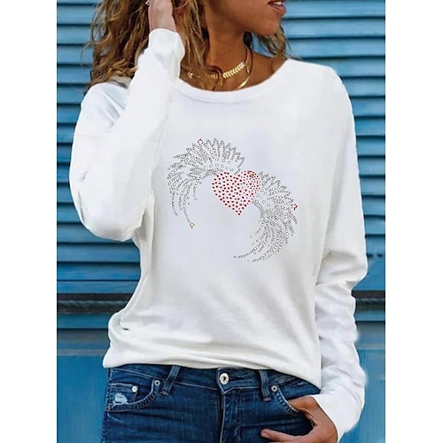 

Women's T shirt Tee White Black Blue Heart Sparkly Rhinestone Long Sleeve Casual Weekend Basic Round Neck Regular Painting S