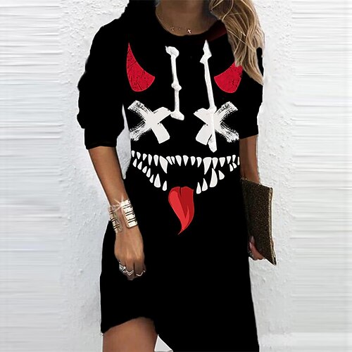 

Women's Hoodie Dress Shift Dress Short Mini Dress Black Red Long Sleeve Letter Pumpkin Print Fall Winter Hooded Vacation Casual 2022 S M L XL XXL 3XL / 3D Print